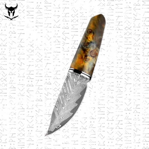 Couteau Finlandais Puukko de Chasse en Acier Damas avec Manche en Bois Stabilisé, Portable pour l’Extérieur